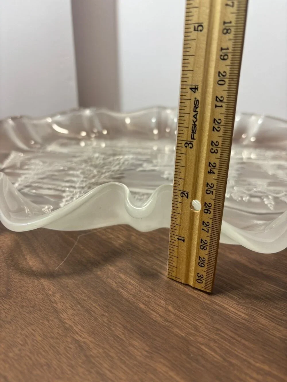Vintage 90s Frosted Etched Glass Ruffled Canape Tray Woodland Girl Christmas